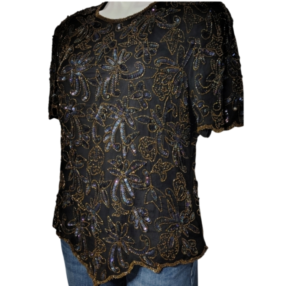 Vintage Papell Boutique Evening Blouse Sequin Silk Beaded Top Cote d' Azur - Picture 4 of 9